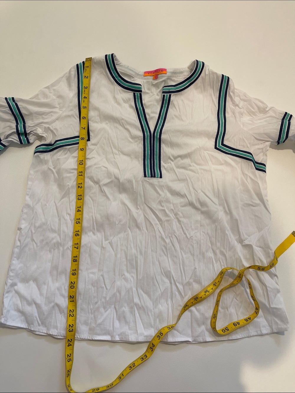 Vilagallo White Top with Teal and Navy Stripe Trim - Picture 4 of 7